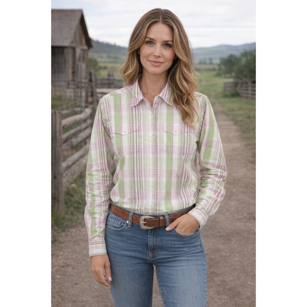 Wrangler Women's Large Shirt Pearl Snap Long Sleeve Country Western Spandex